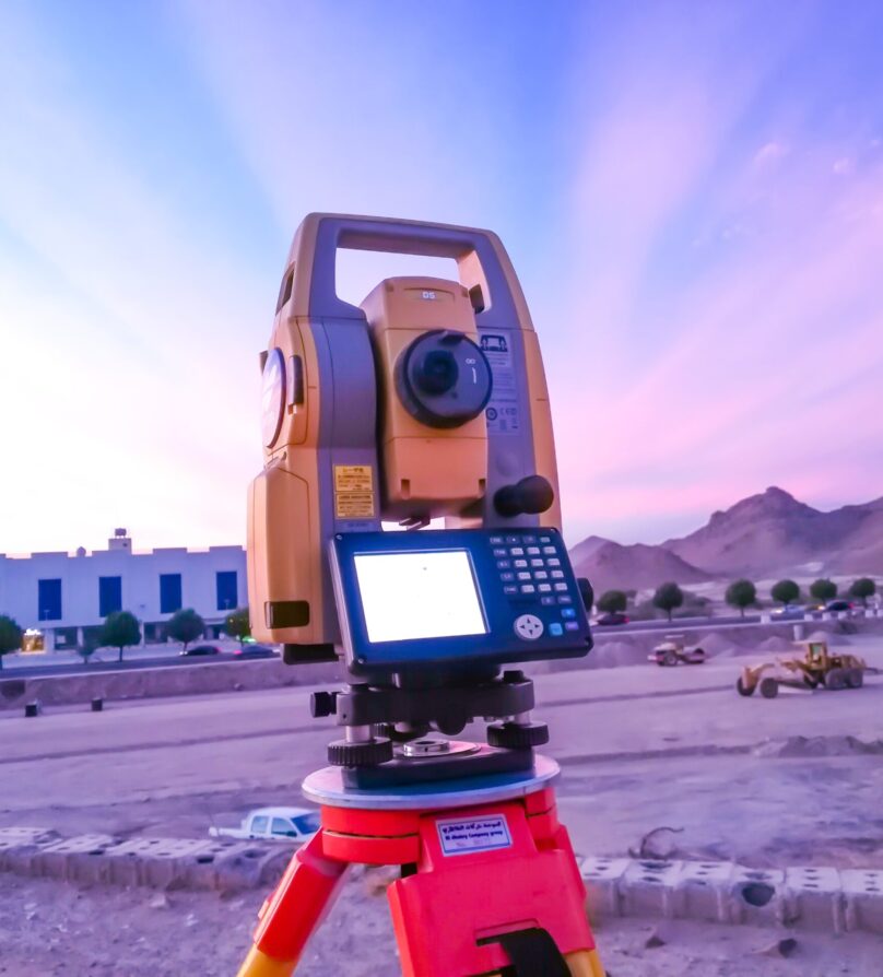 Total station - Surveyor equipments (theodolite or total positioning station) on the construction site of the road or building