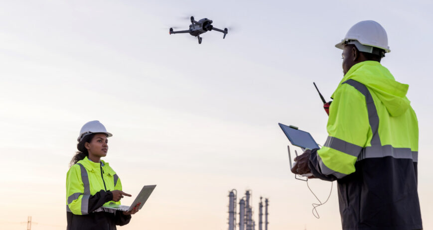 Engineer surveyor team Use drone for operator inspecting and survey construction site. Surveyors or explorer use drones to view construction sites or check security
